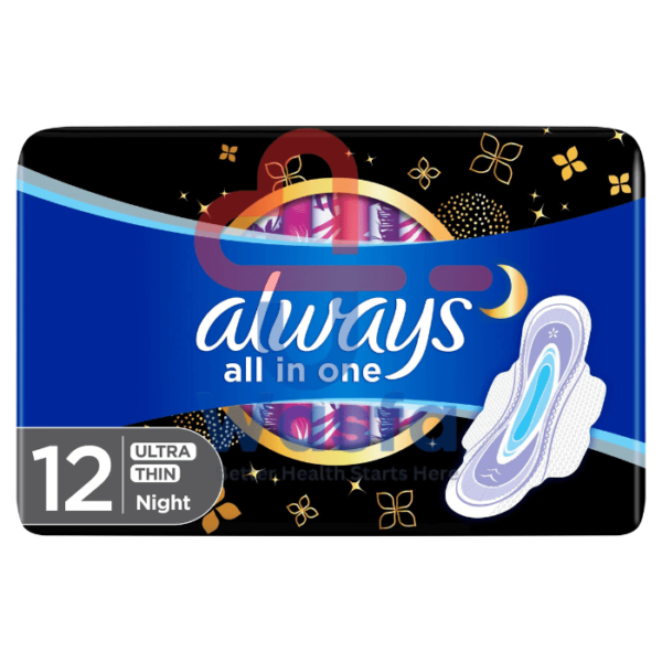 Always All in one Ultra Thin, Night sanitary pads with wings, 12 Count