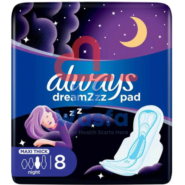 Always Clean & Dry Maxi Thick, Night sanitary pads with wings, 8 Count